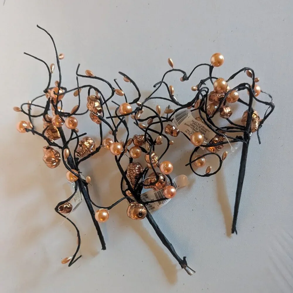 NWT Goth Skulls Pearls Orange Halloween Decoration 3 Floral Picks Ashland Decor